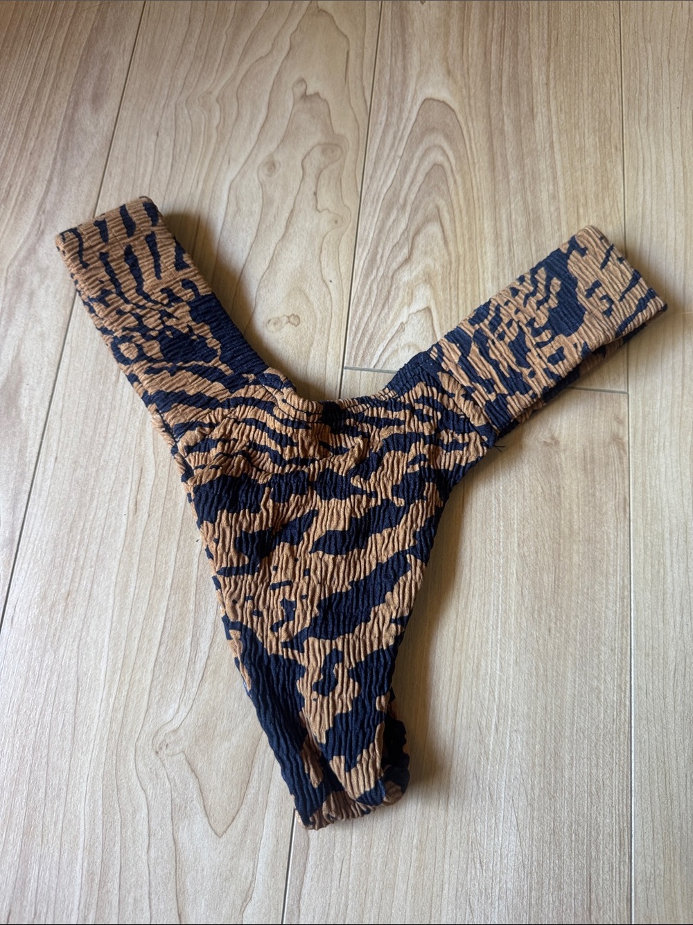 Montce Tiger-Print V-Front Bikini Bottoms in Black and Brown